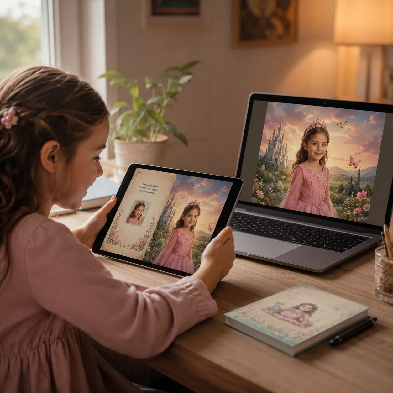 Vajzë duke parë librin e saj të personalizuar në tablet dhe laptop