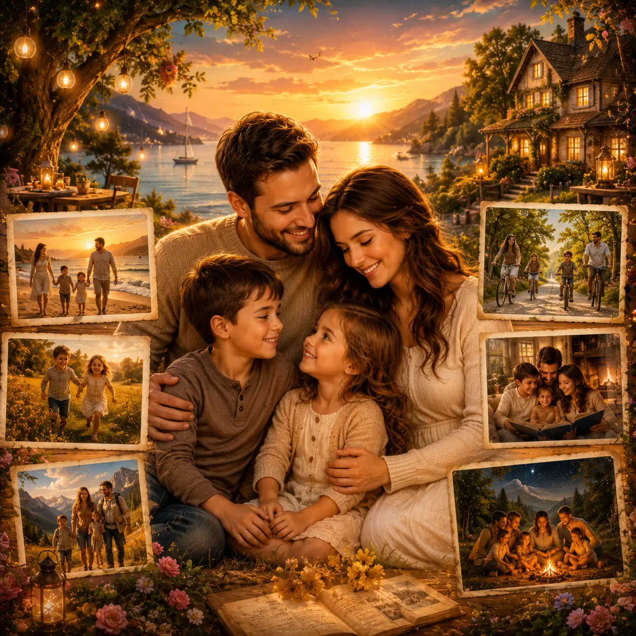 Kolazh kujtimesh familjare — plazh, natyrë, mbrëmje në shtëpi dhe piknik në mal