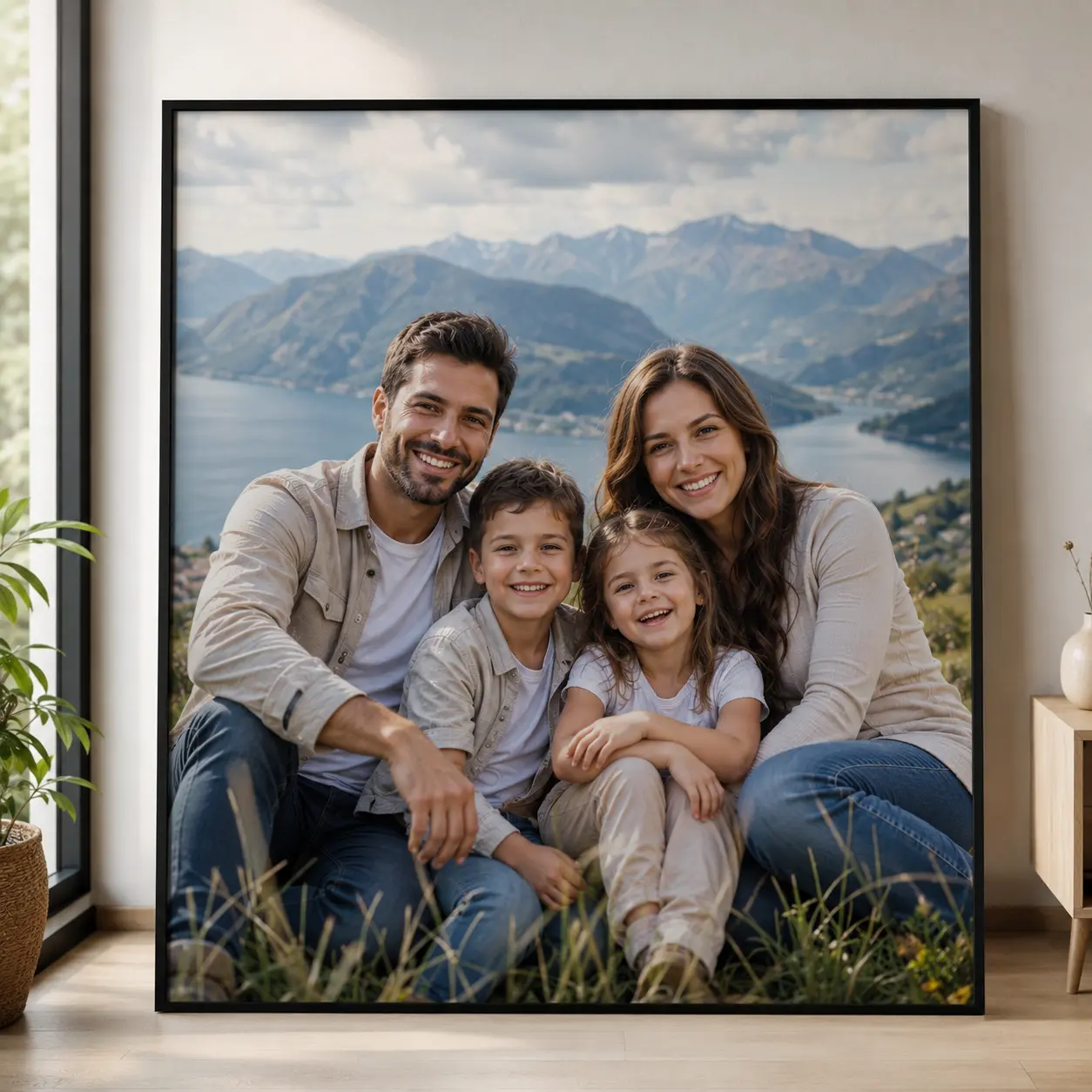 Portret familjar i madh në kanavacë, i mbështetur te muri, me liqen e male në sfond