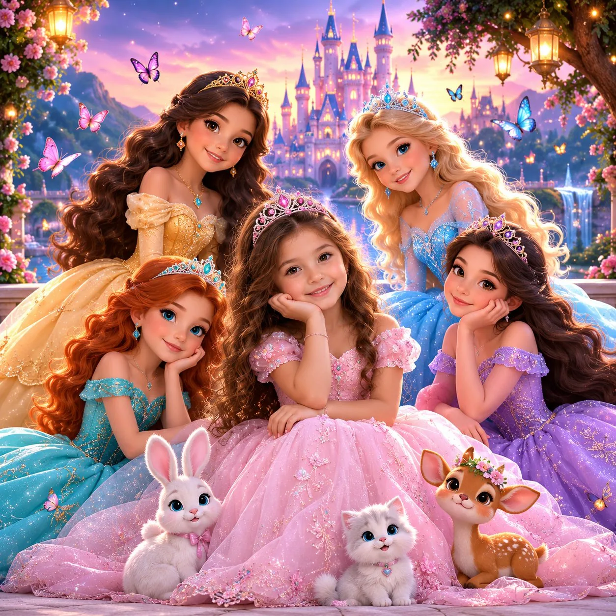 Pesë vajza mike, të veshura si princesha, në një portret të përbashkët