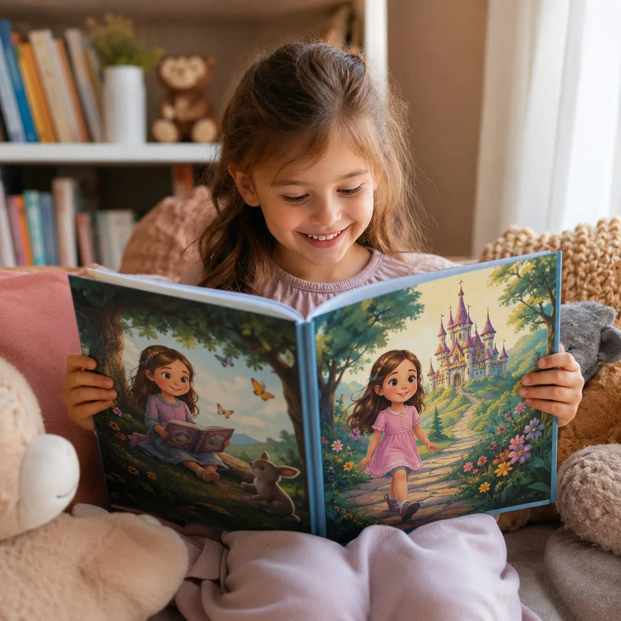 Vajzë duke lexuar librin e saj të personalizuar me kështjellë