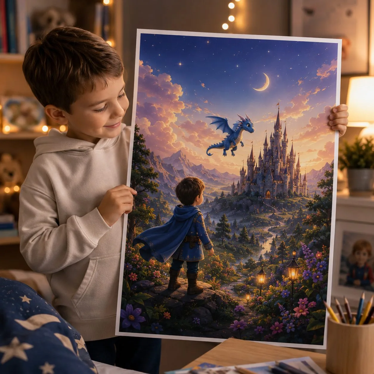 Djalë duke mbajtur posterin e tij si princ, me dragua dhe kështjellë