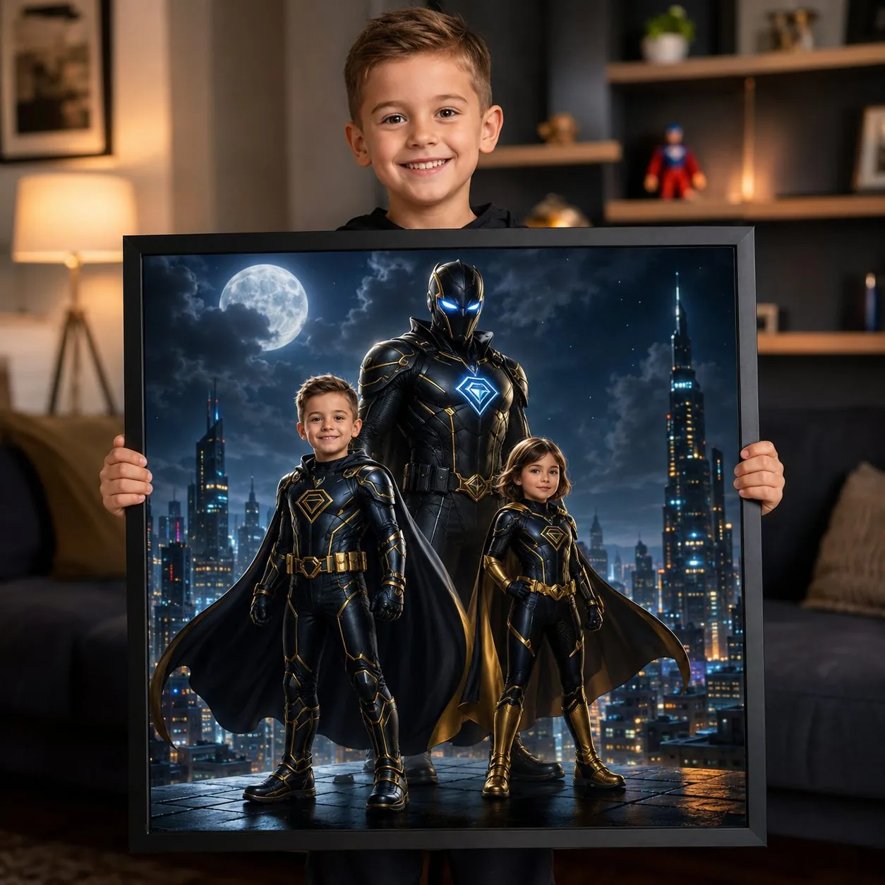 Poster familjar me tre vëllezër e motra si superheronj