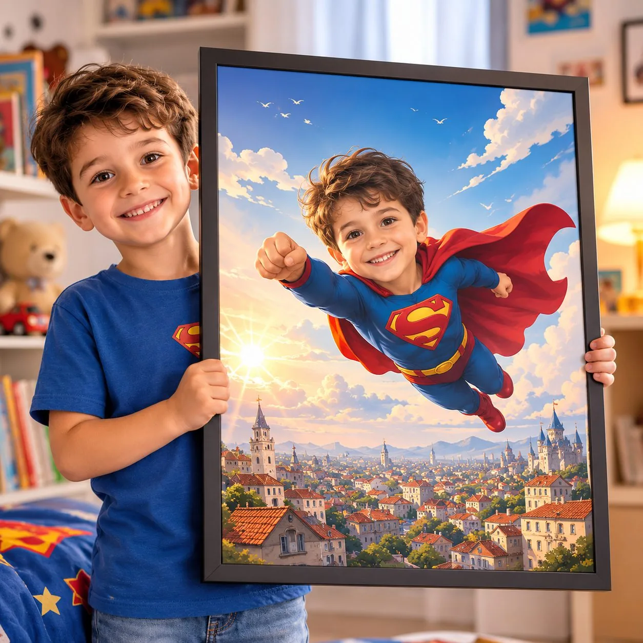 Djalë duke mbajtur posterin e tij si superhero, i kornizuar