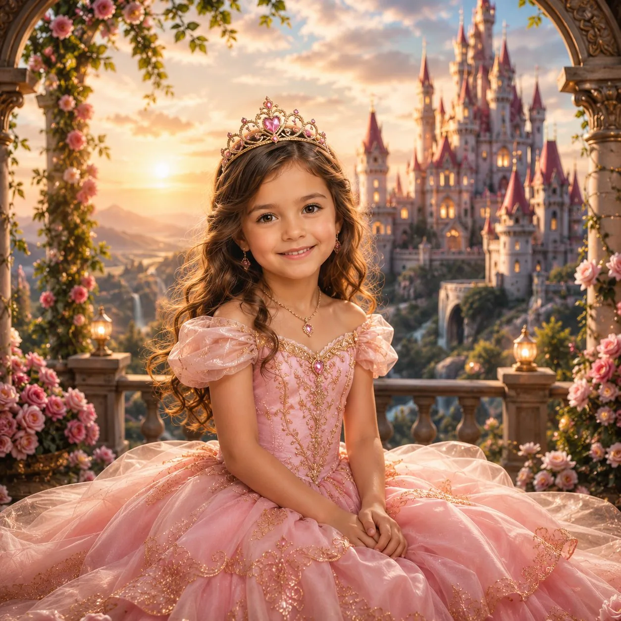 Vajzë e veshur si princeshë përpara një kështjelle