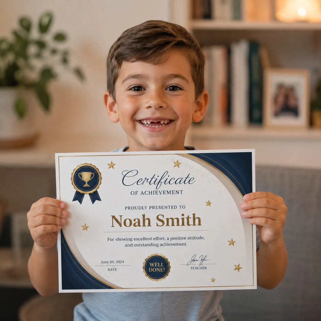 Djalë duke mbajtur certifikatën e tij personale