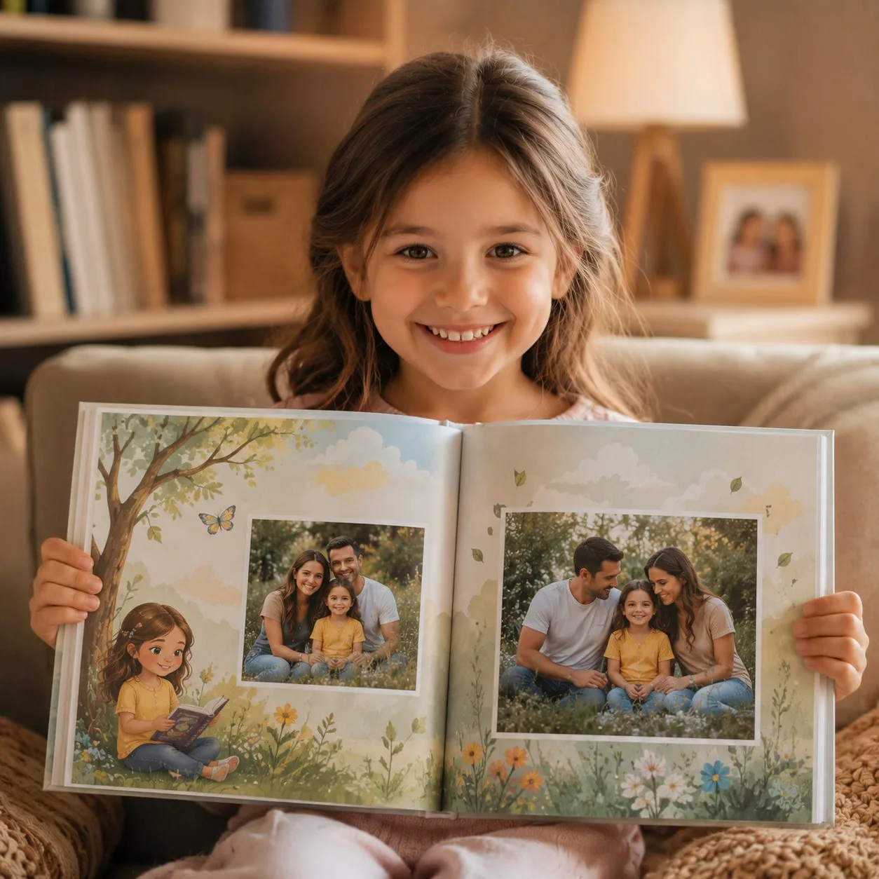Vajzë duke mbajtur librin e krijuar nga fotografitë e familjes